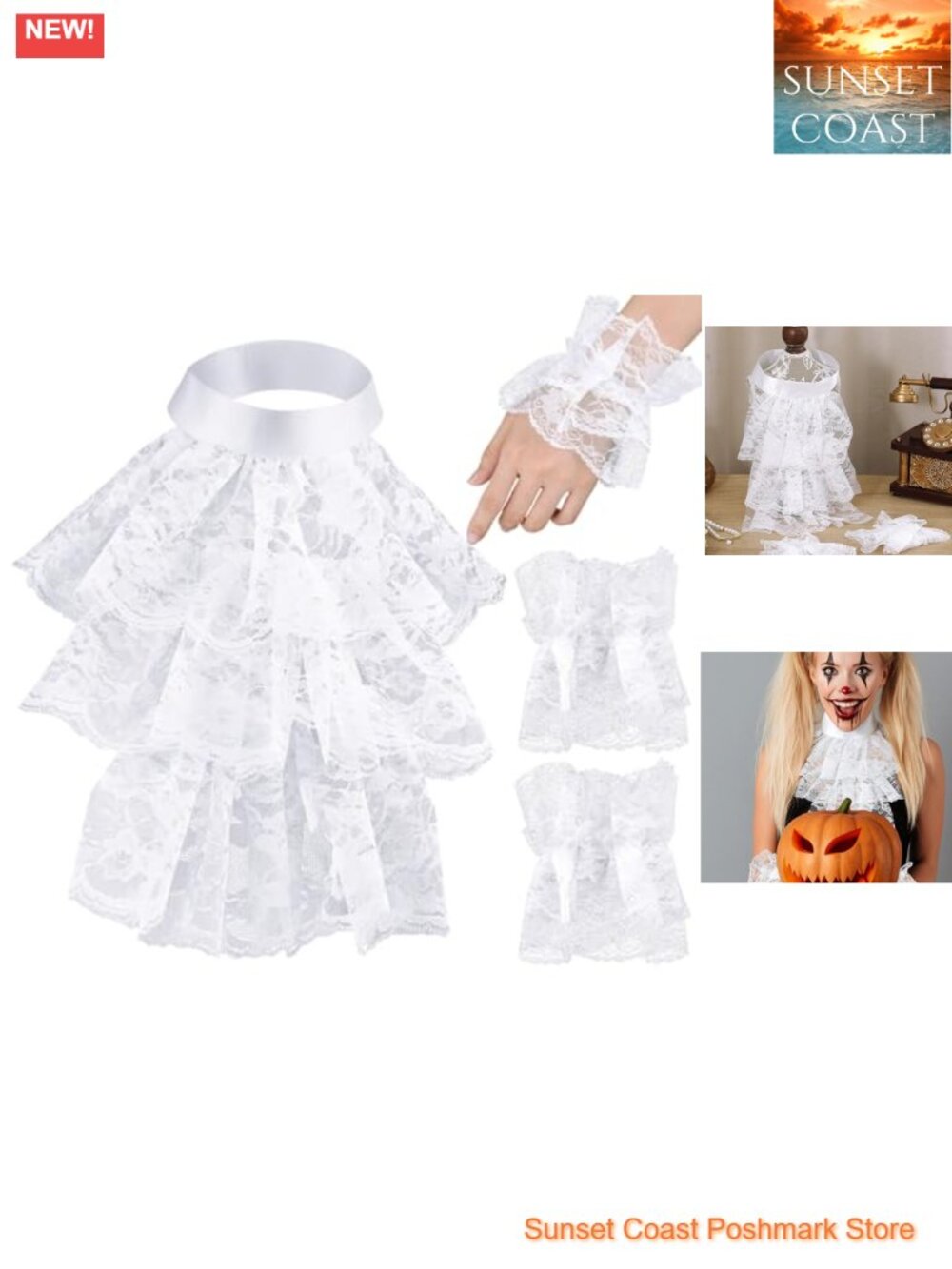 Clown Ruffle Collar & Lace Gloves Set Satin Costume Accessory